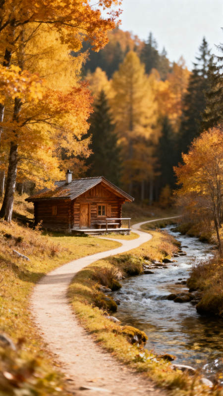 秋林小屋溪流径图片