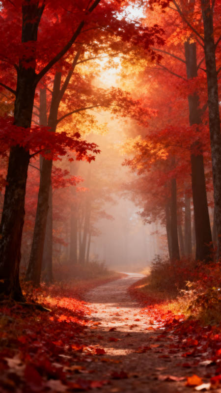 秋日红林小径 雾光如诗图片