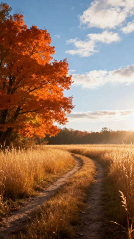 秋日小径 橙叶映蓝天图片
