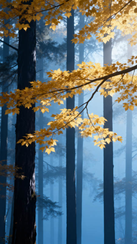 秋雾金叶林图片