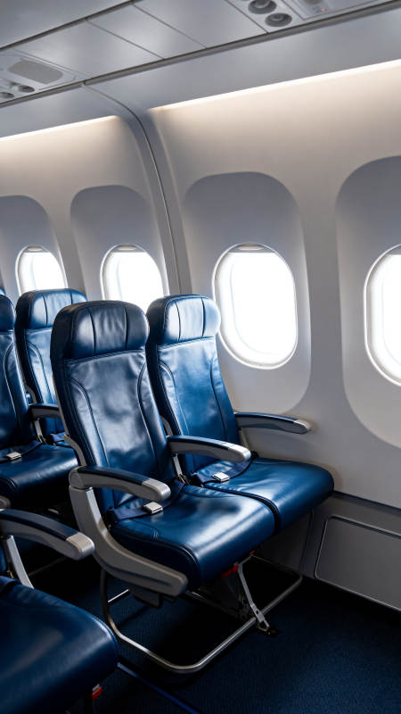 飞机客舱蓝色座椅窗景图片