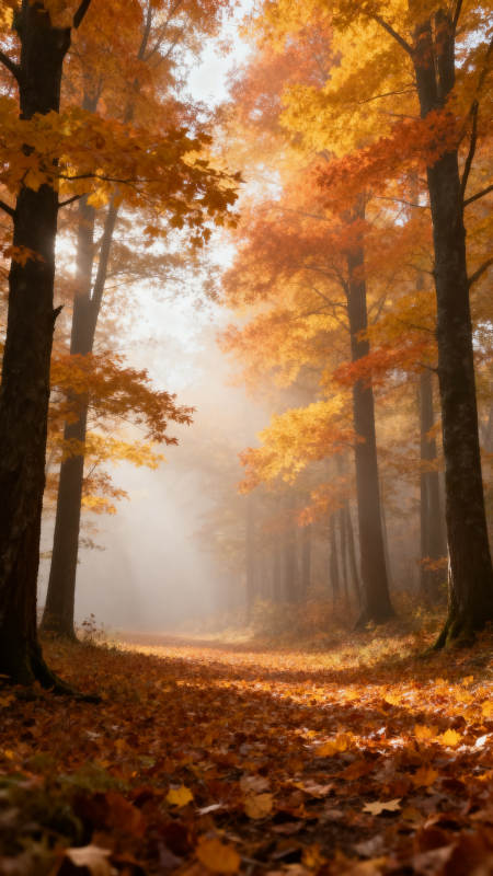 秋林雾径 金叶铺地图片