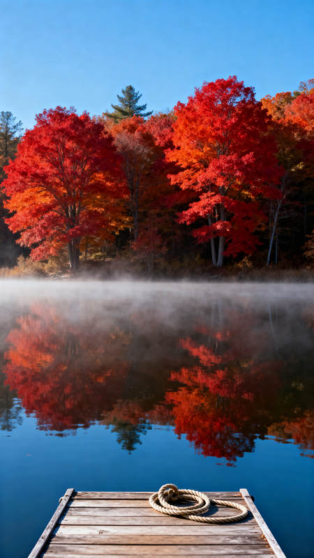 秋湖红树映雾 木栈系绳静美图片