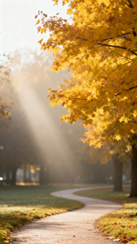 秋日小径 金叶映晨光图片