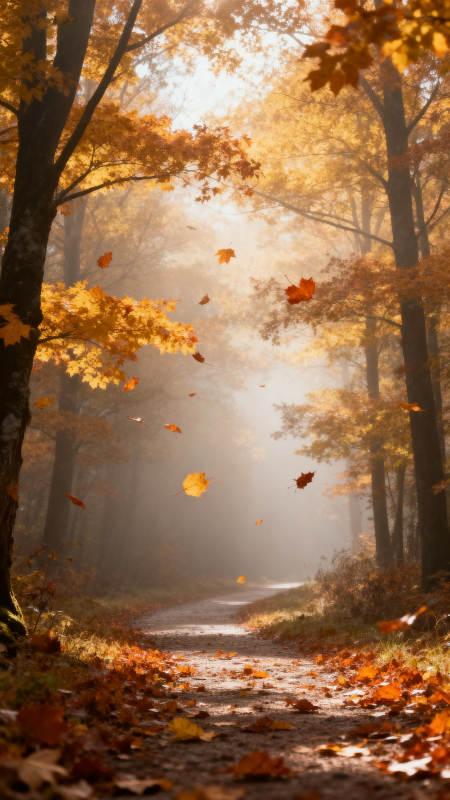 秋径落叶 雾光如金图片