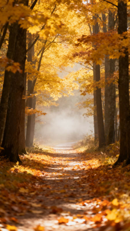 秋径金叶 雾隐幽深图片