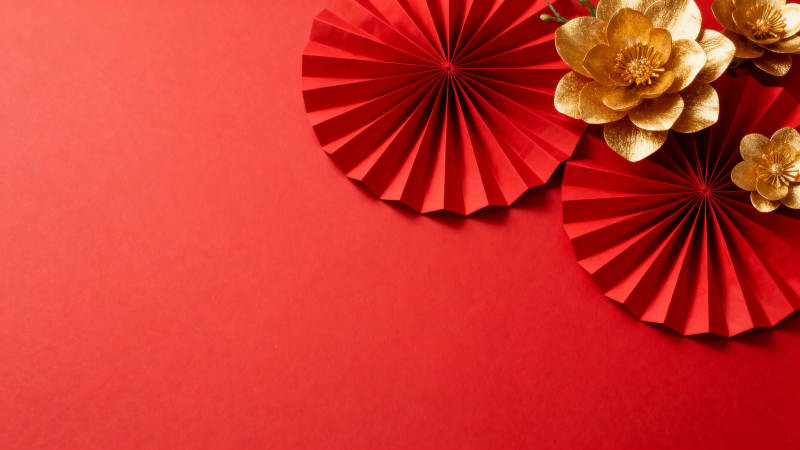 红底金花扇 喜庆迎新春图片