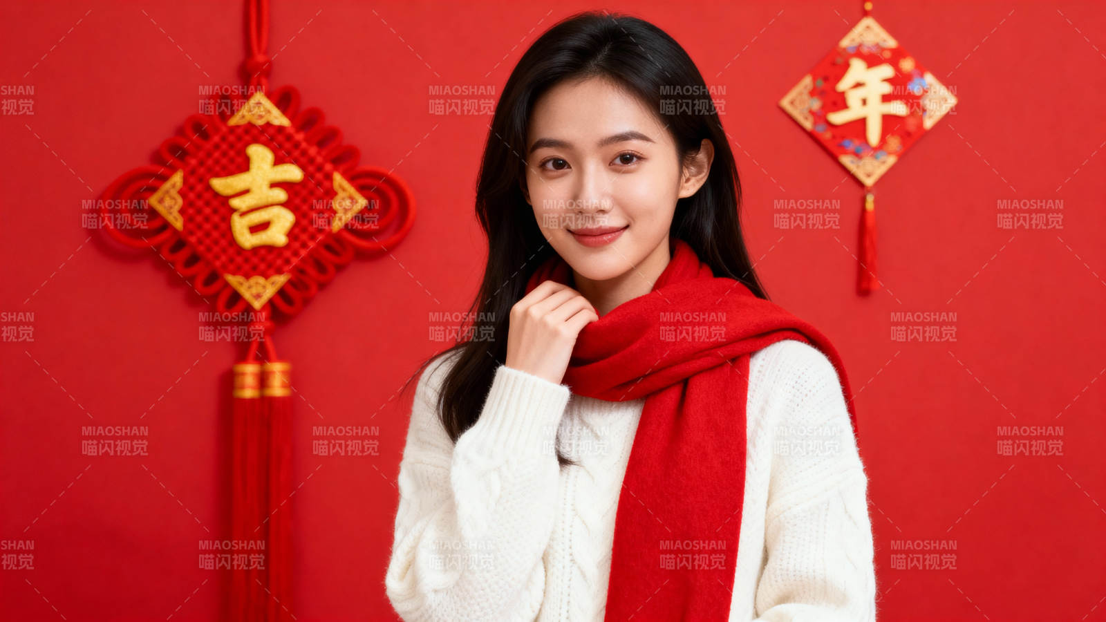 红围巾少女迎新春图片