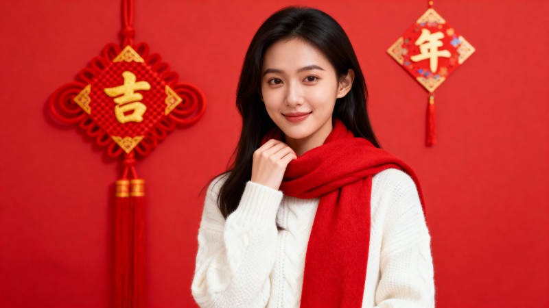 红围巾少女迎新春图片
