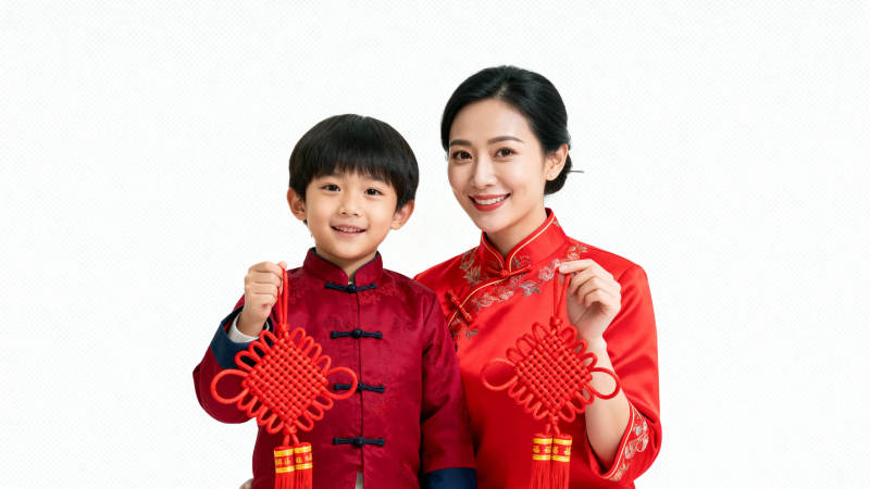 母子穿红袍 手持中国结图片