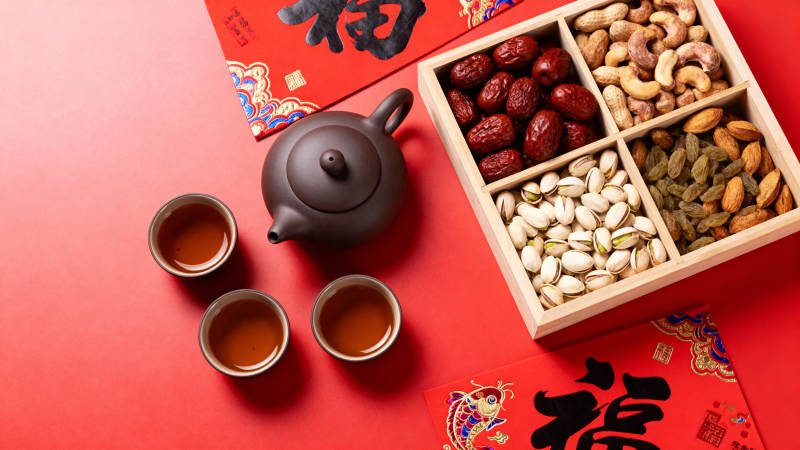 新春茶点福字红背景图片