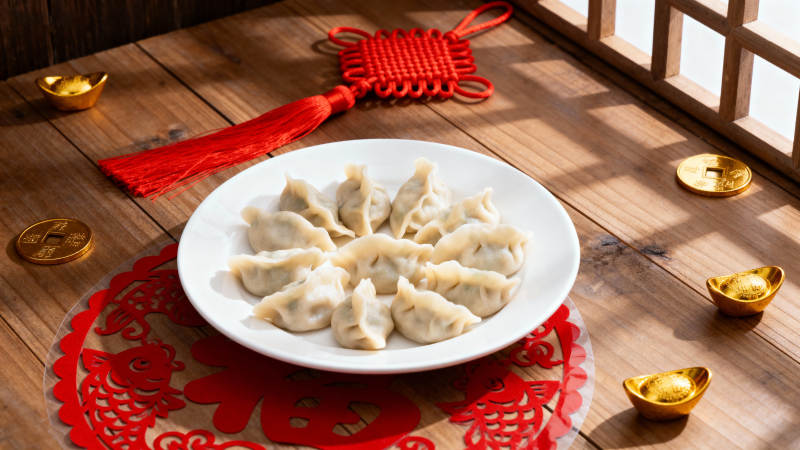 春节饺子配金元宝中国结图片