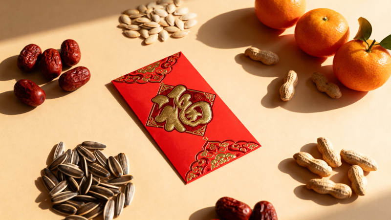 春节年货 红包坚果橘子红枣图片