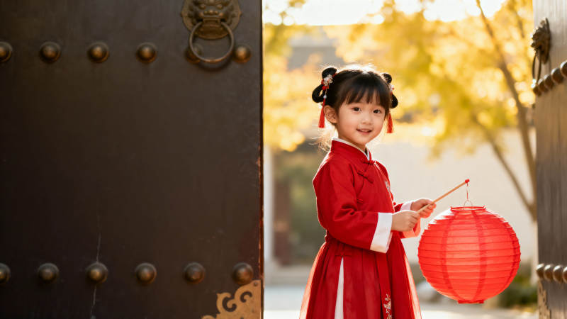 红衣女童提灯笼迎新春图片