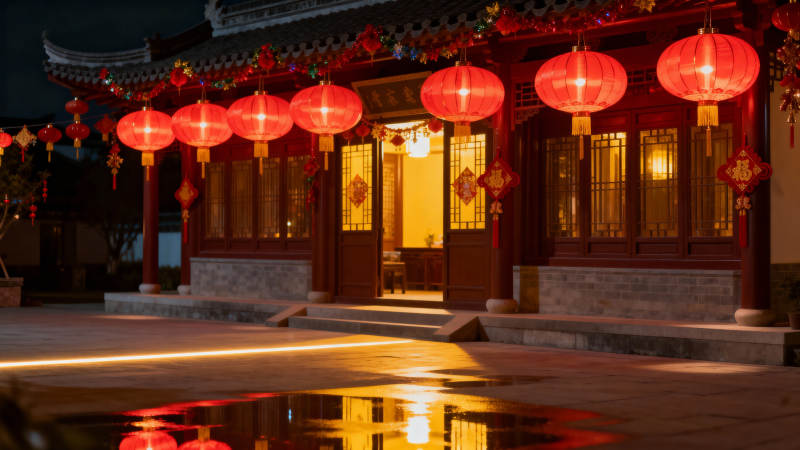 红灯笼映古宅夜韵图片