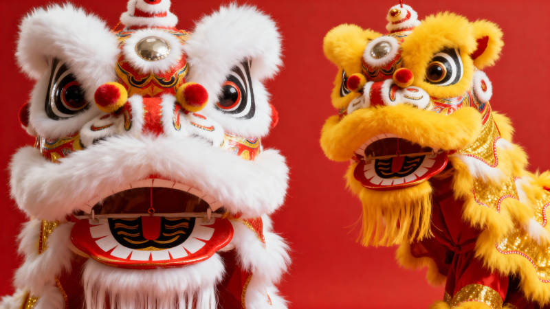 双狮舞春 红底喜庆图片