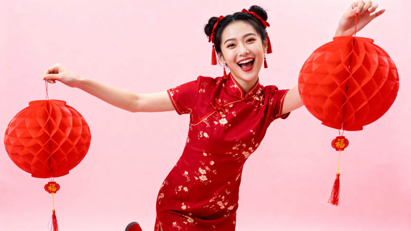 红衣少女持灯笼迎新春图片