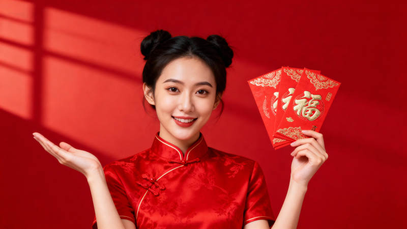 红衣少女持福扇迎新春图片