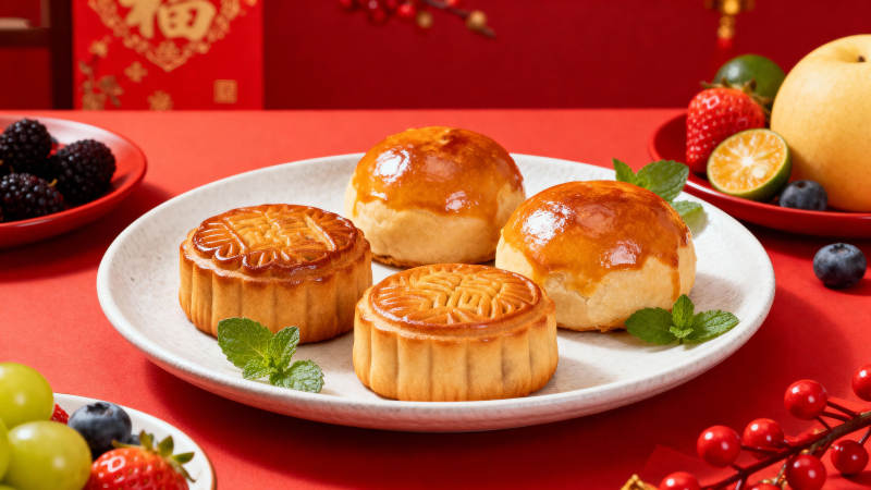 中秋月饼配鲜果 团圆味浓图片