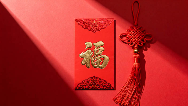 红底福字红包与中国结图片