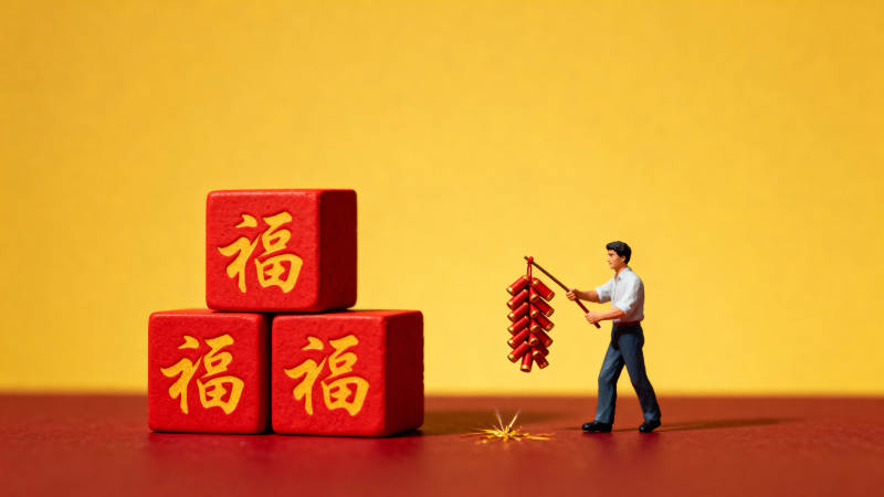 福字迎春 小人放鞭炮图片