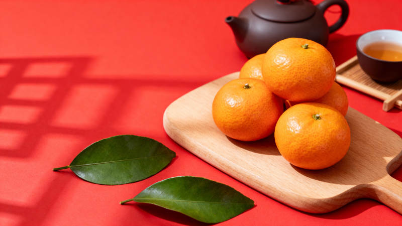 红底橘香 茶韵迎春图片