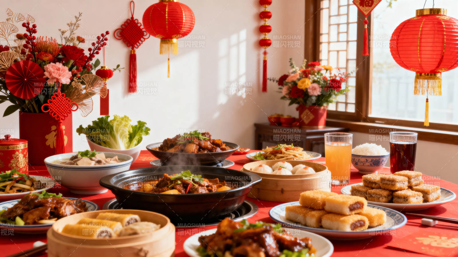 春节团圆宴 红灯笼映佳肴图片