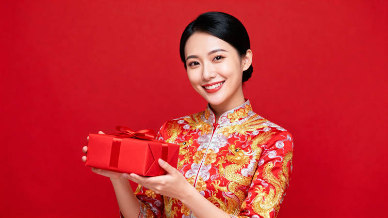 红衣女子赠礼笑靥如花图片