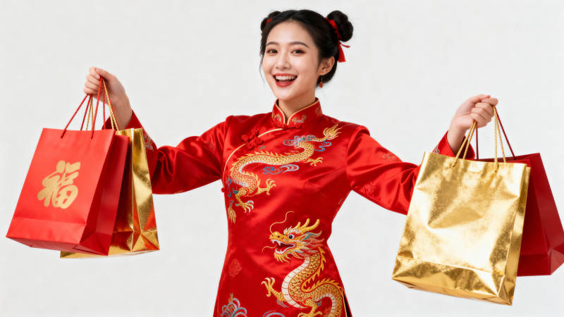 红衣龙袍女 手提福袋笑图片