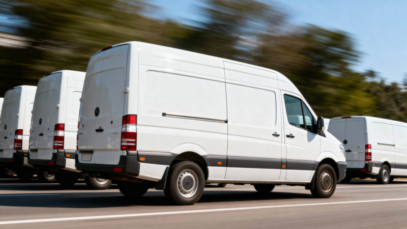 白色货车车队疾驰中图片