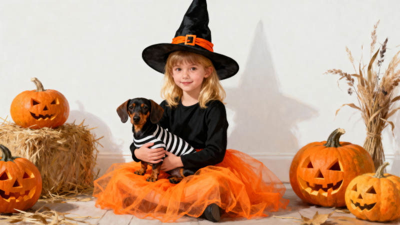 万圣节萌娃抱狗南瓜伴图片