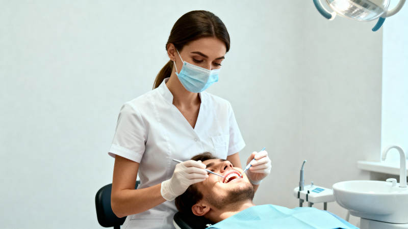 牙医为患者检查牙齿图片