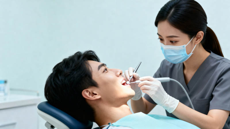 牙医为患者检查牙齿图片