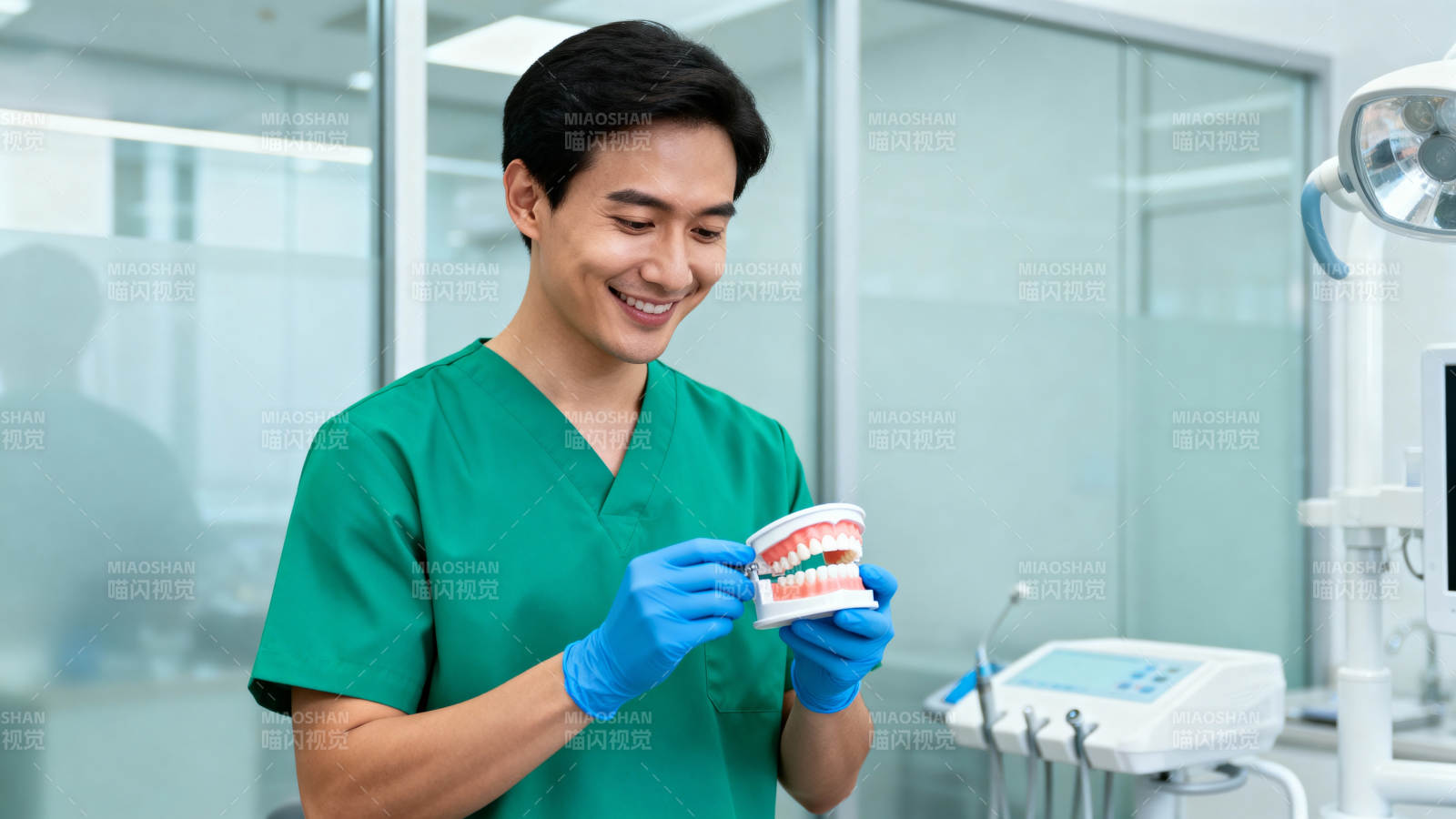 牙医展示牙齿模型微笑中图片