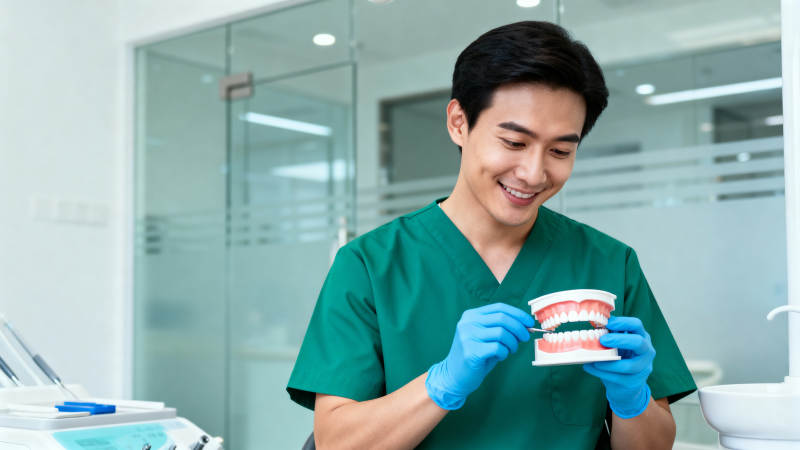 牙医微笑展示牙齿模型图片