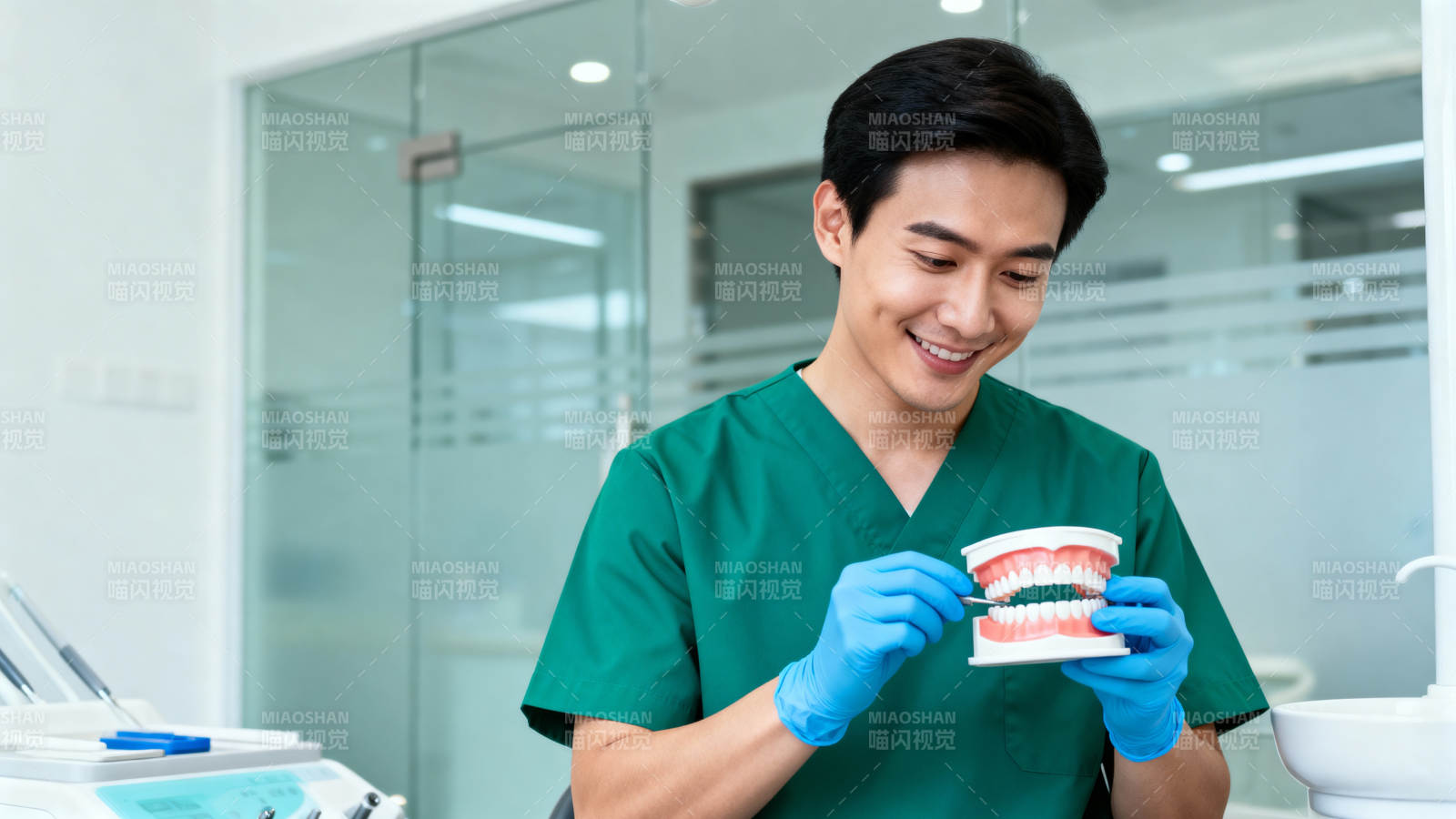 牙医微笑展示牙齿模型图片