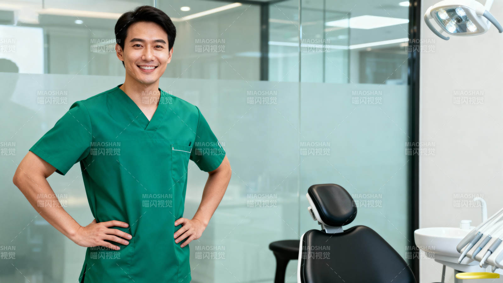 牙医微笑迎患者 诊室整洁专业图片
