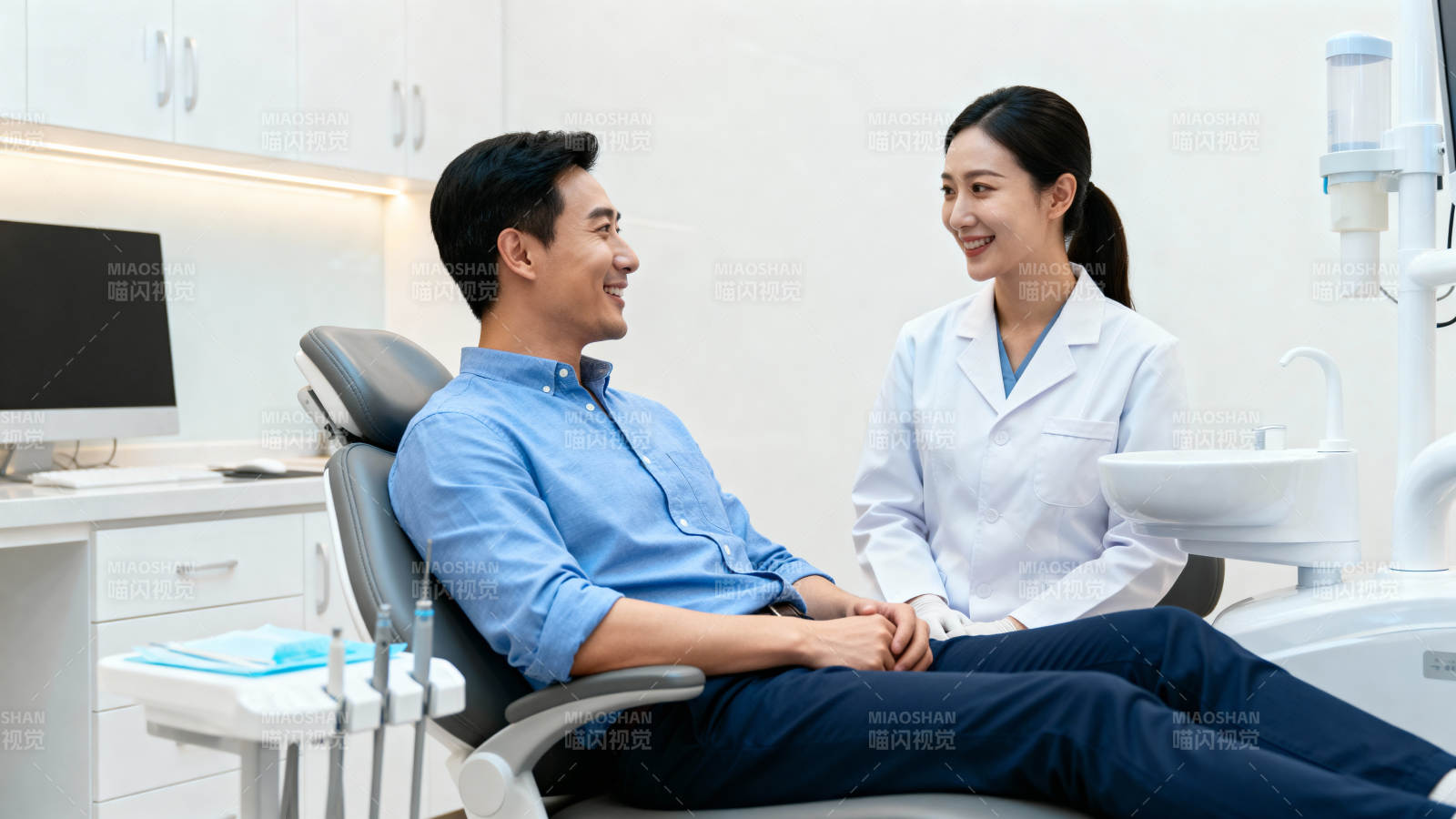 牙医与患者愉快交谈图片