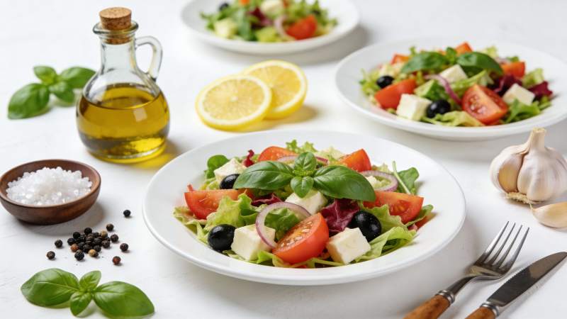 希腊沙拉配橄榄油香草图片