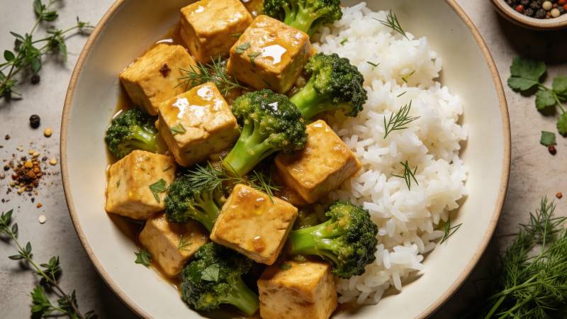 豆腐西兰花配白米饭图片