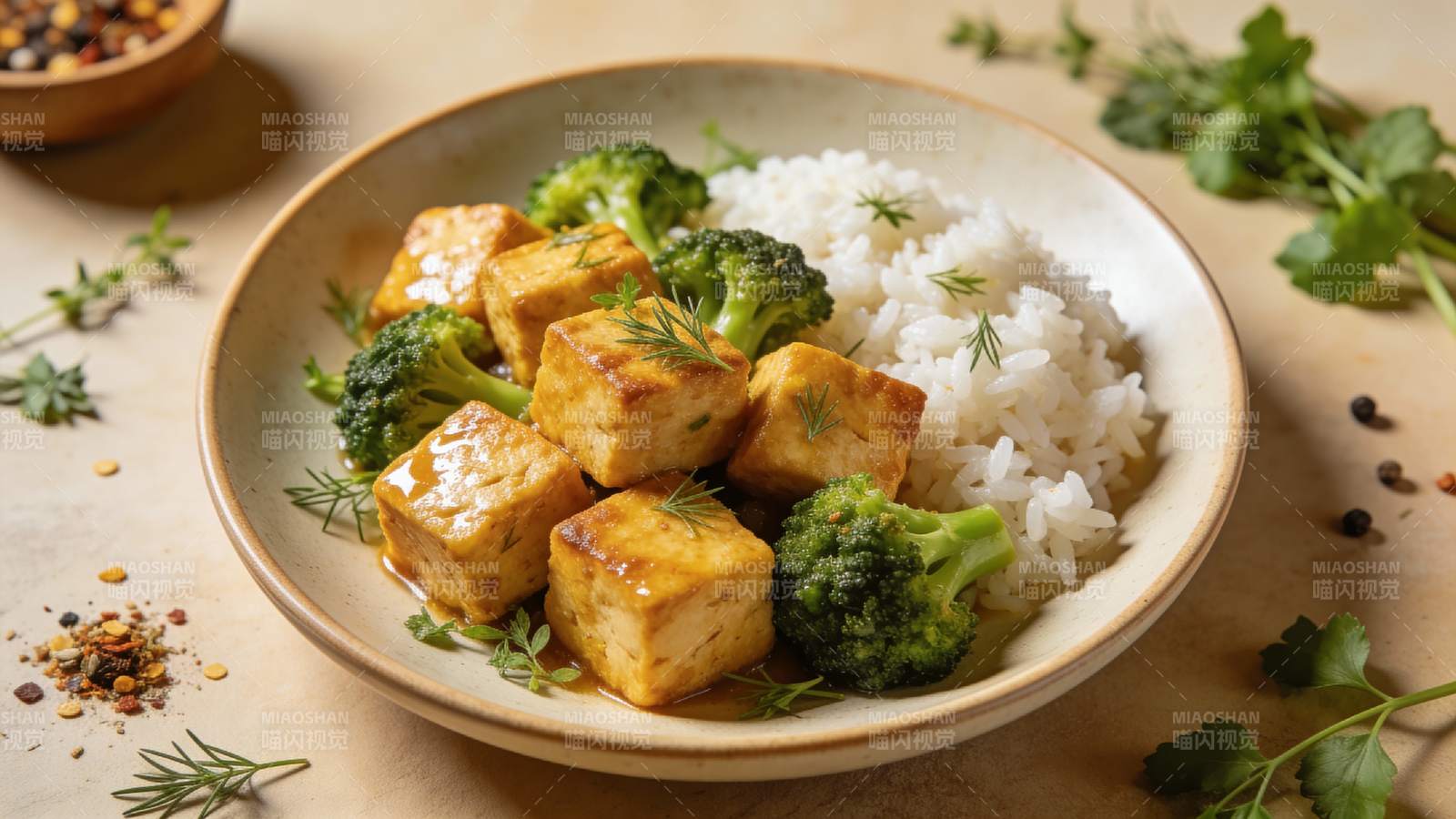 豆腐西兰花配白米饭图片