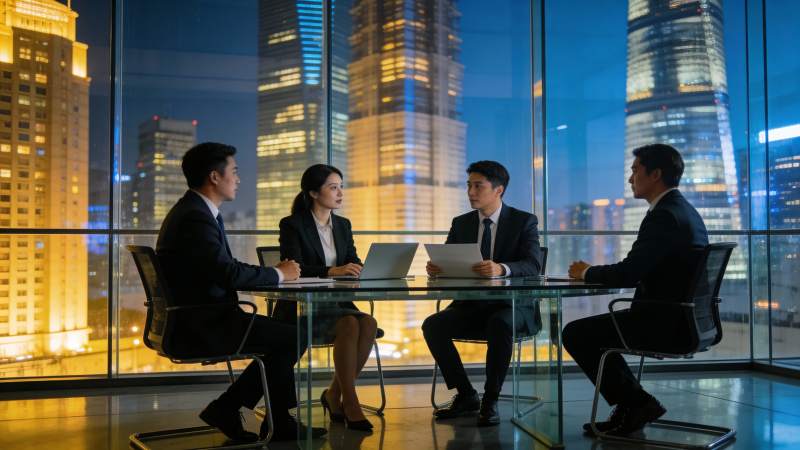 都市夜景中的商务会议图片