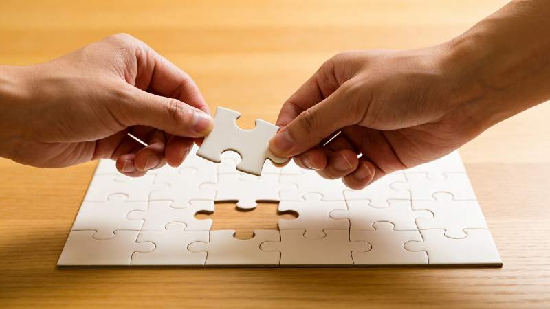 双手拼合最后一块拼图图片