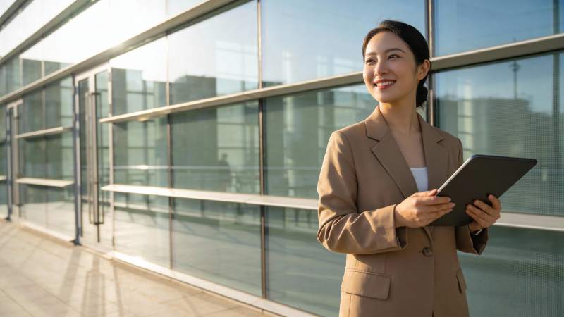 职场女性持平板微笑前行图片