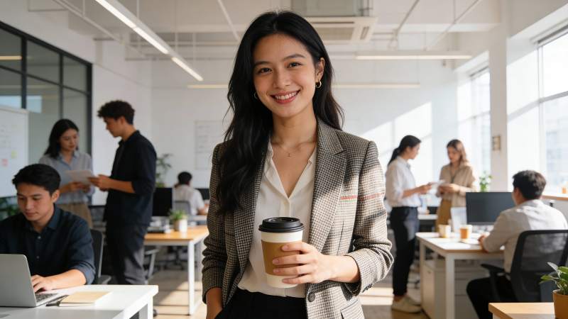 职场女性微笑持咖啡图片