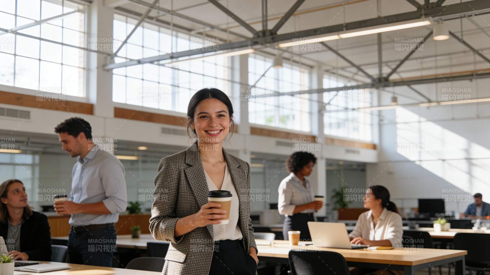 职场女性微笑持咖啡办公图片