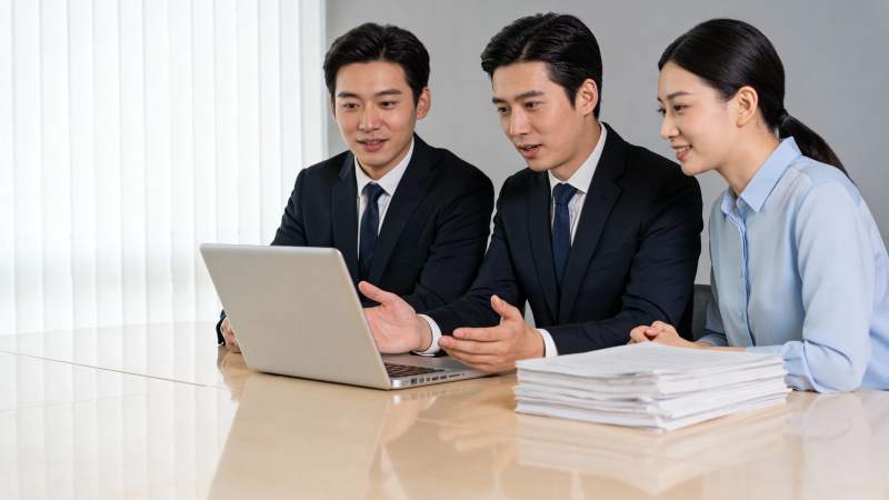 三人协作看电脑讨论工作图片