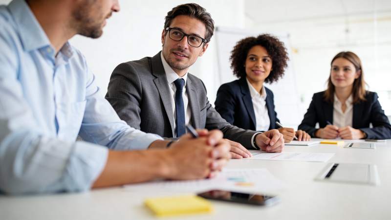 商务会议中团队专注讨论图片