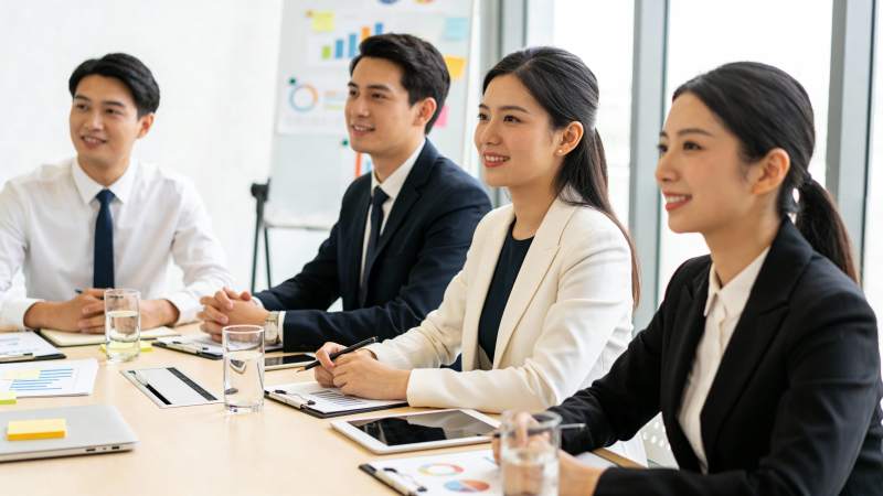 商务会议中四人微笑讨论图片