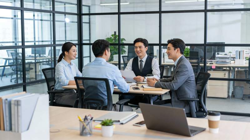 四人会议室商务洽谈中图片